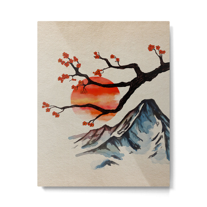 Zen Serenity Landscape - Sakura Mountain Sunset Metal Print Gallery Image 1