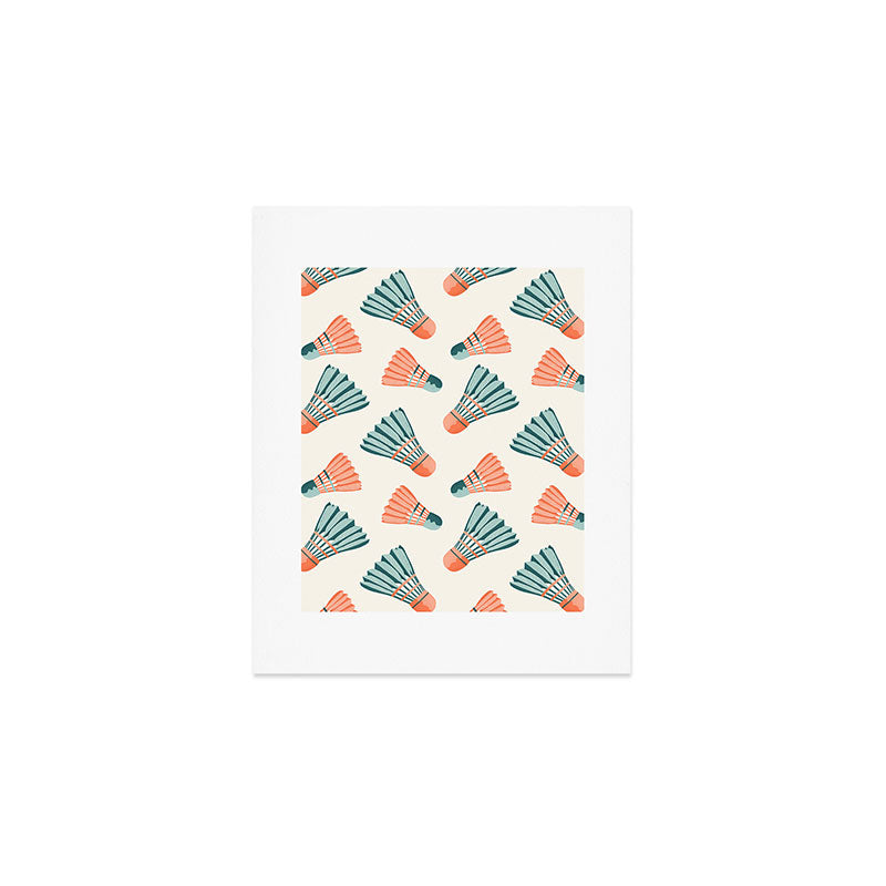 Orange and teal vintage badminton shuttlecocks Art Print Gallery Image 1