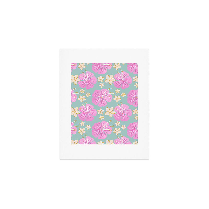 Pink and turquoise hibiscus flowers pattern Art Print Gallery Image 1