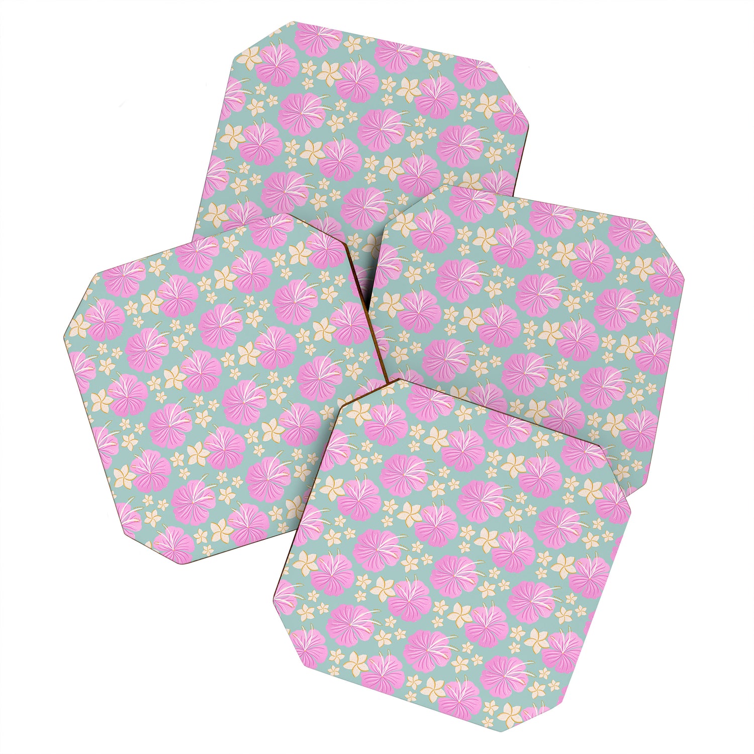 Pink and turquoise hibiscus flowers pattern Coaster Gallery Image 1