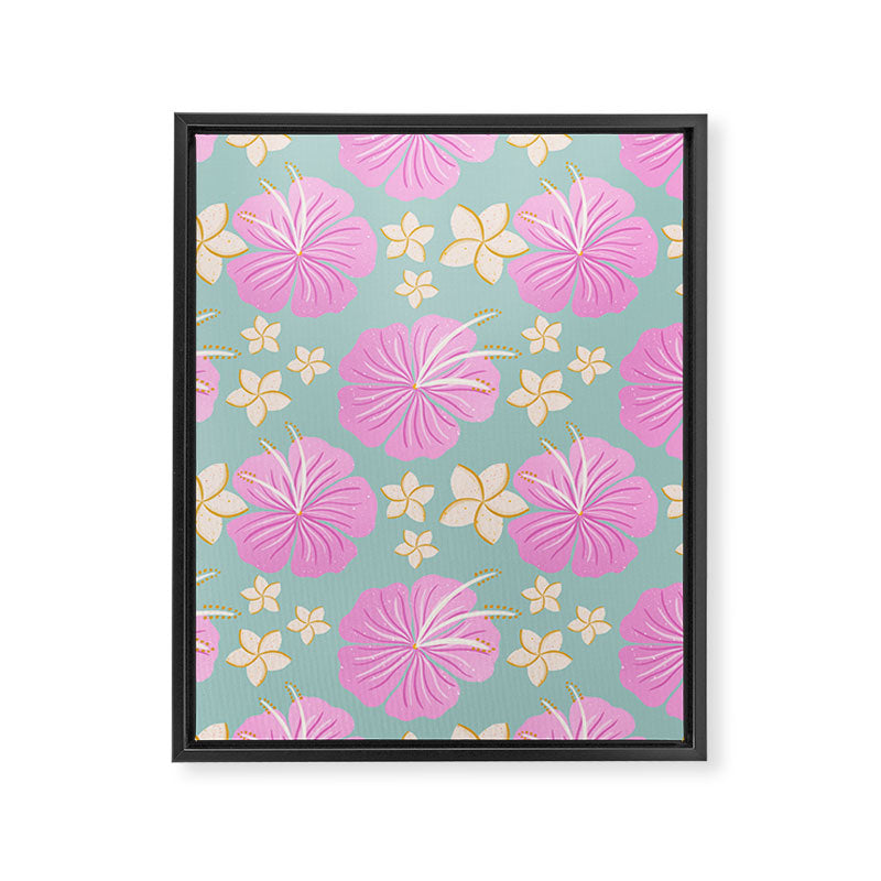 Pink and turquoise hibiscus flowers pattern Framed Canvas Print Gallery Image 6