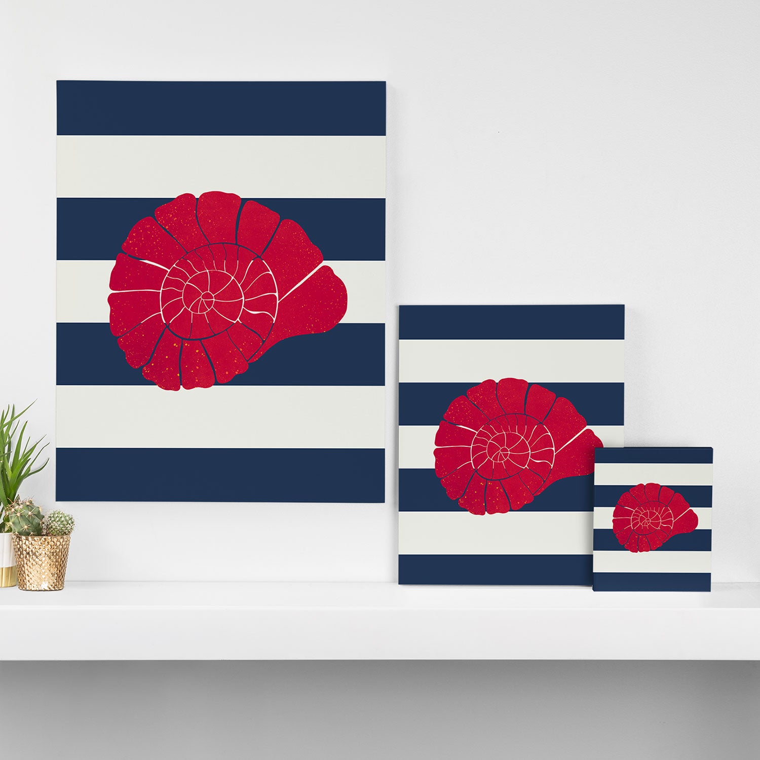 Red nautilus shell and navy stripes Canvas Print Gallery Image 3