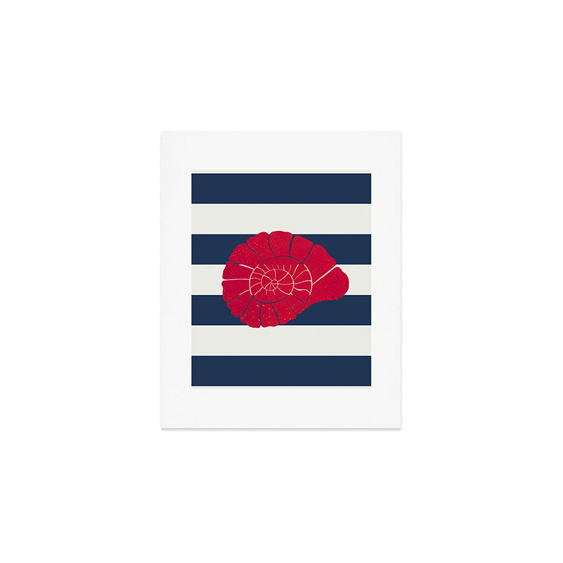 Red nautilus shell and navy stripes Art Print Gallery Image 1