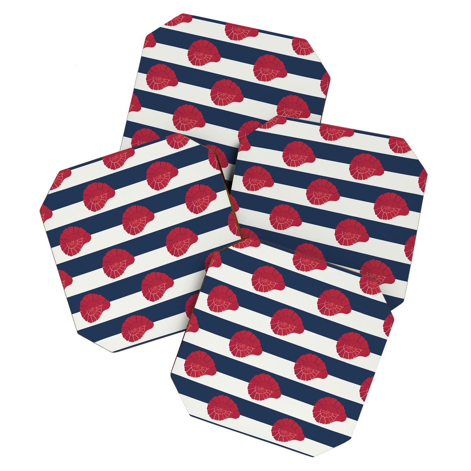 Red nautilus shell and navy stripes Coaster Gallery Image 1