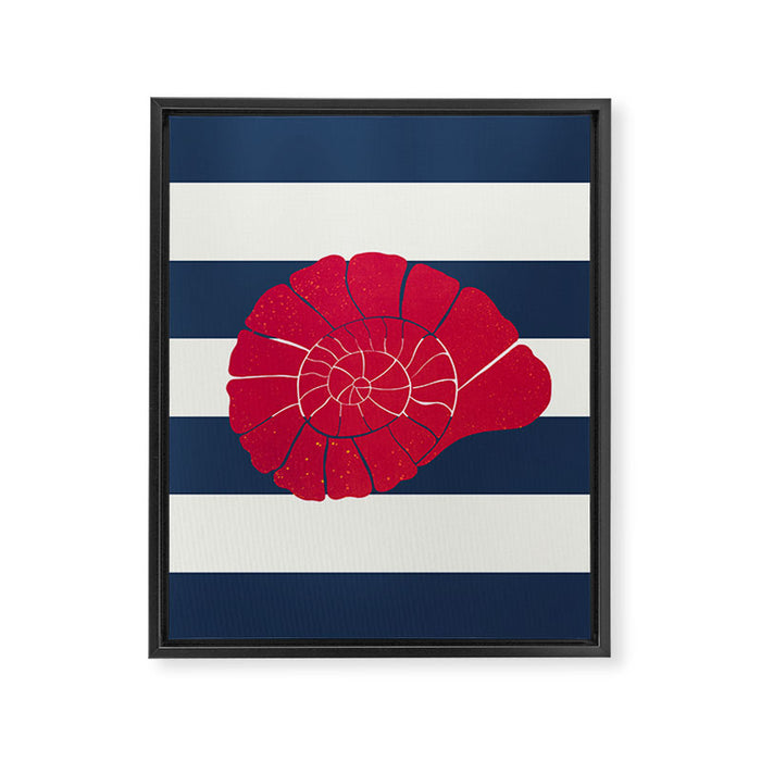 Red nautilus shell and navy stripes Framed Canvas Print Gallery Image 1