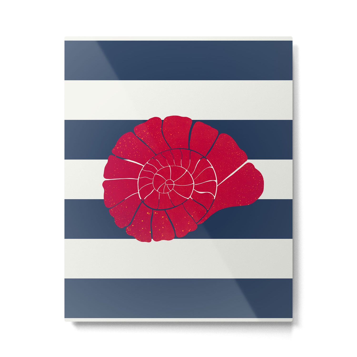 Red nautilus shell and navy stripes Metal Print Gallery Image 4