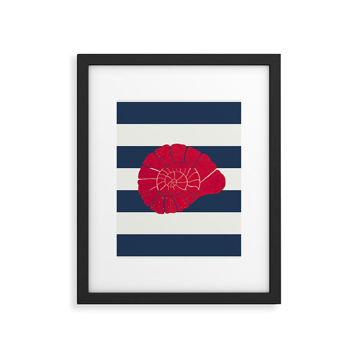 Red nautilus shell and navy stripes Framed Art Print Gallery Image 1