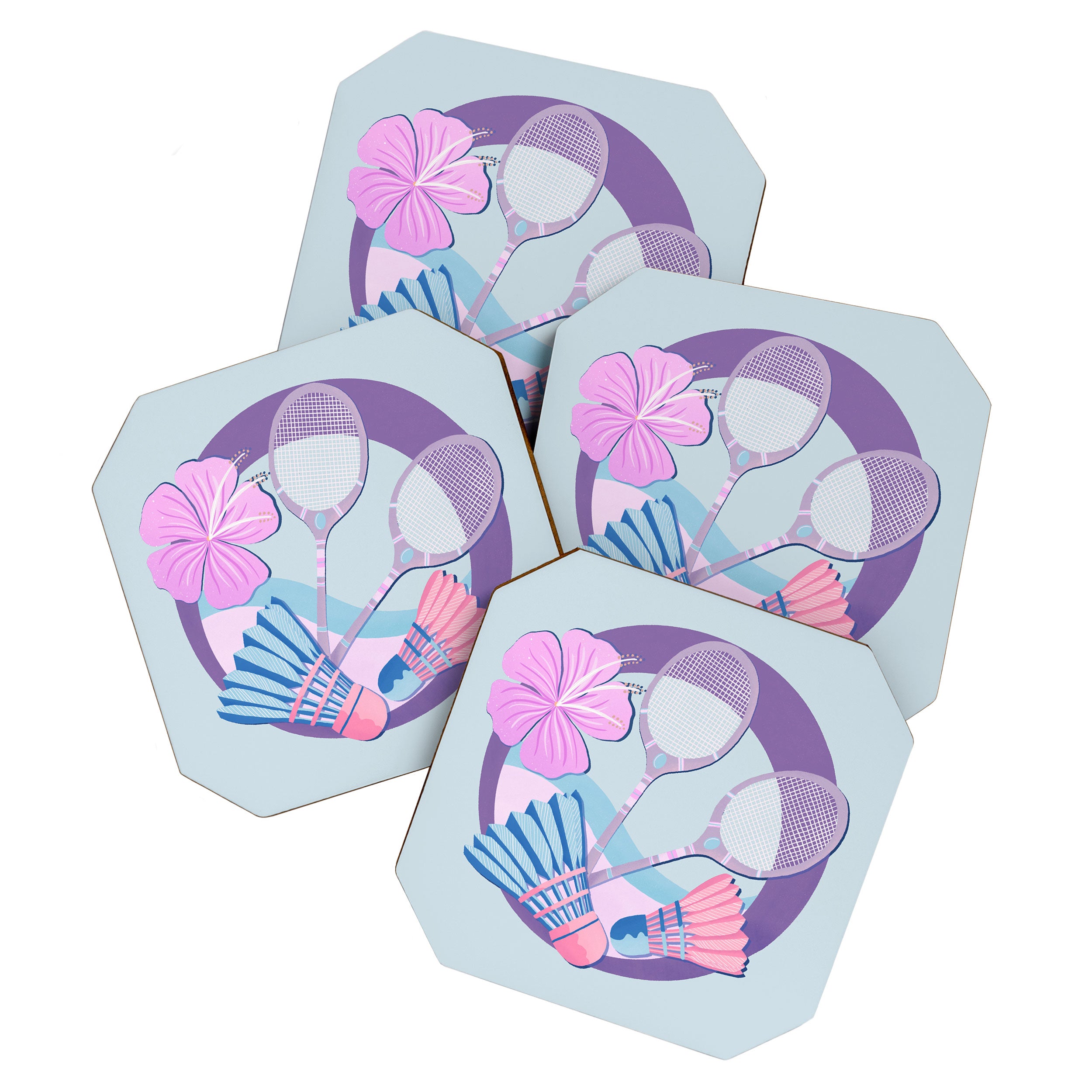 Tropical badminton badge - pastel purple and pink Coaster Gallery Image 1