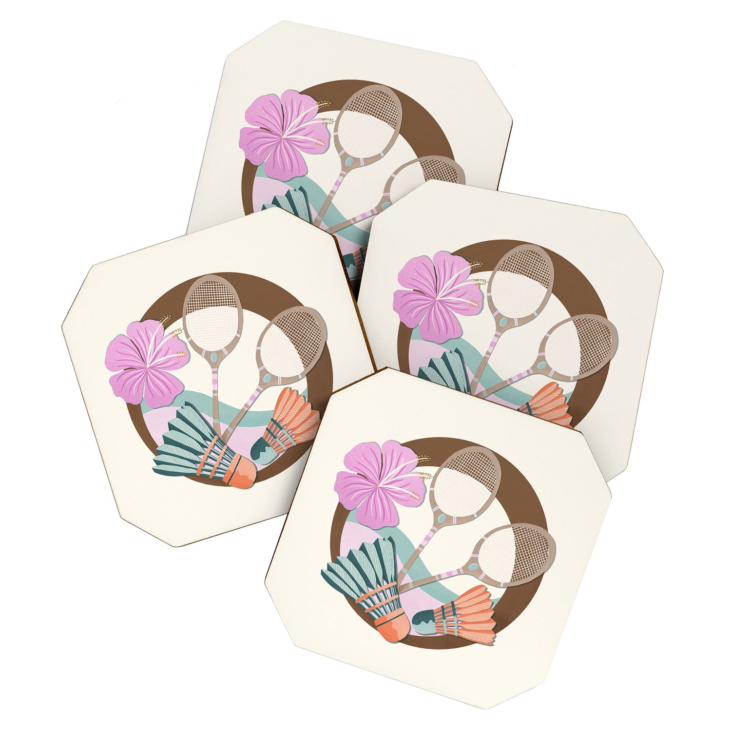 Tropical Badminton badge - pink, orange and teal Coaster Gallery Image 1