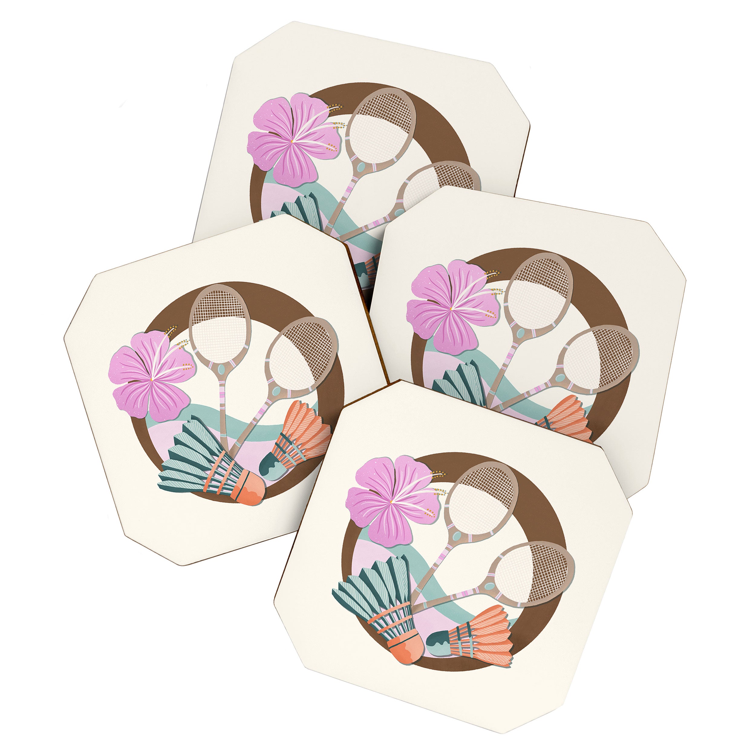 Tropical Badminton badge - pink, orange and teal Coaster Gallery Image 1