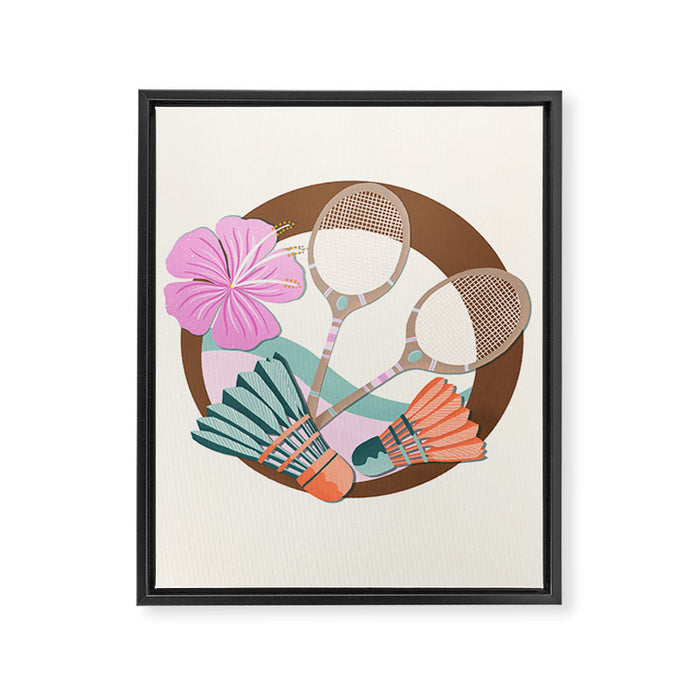 Tropical Badminton badge - pink, orange and teal Framed Canvas Print Gallery Image 1
