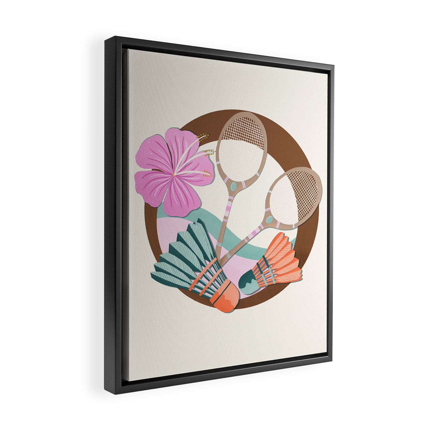 Tropical Badminton badge - pink, orange and teal Framed Canvas Print Gallery Image 2