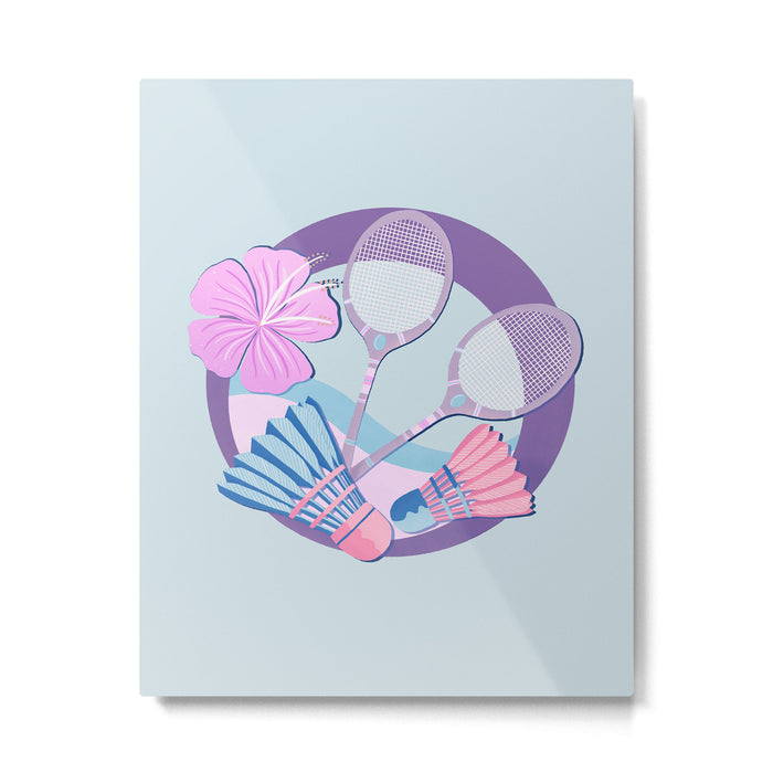 Tropical badminton badge - pastel purple and pink Metal Print Gallery Image 1