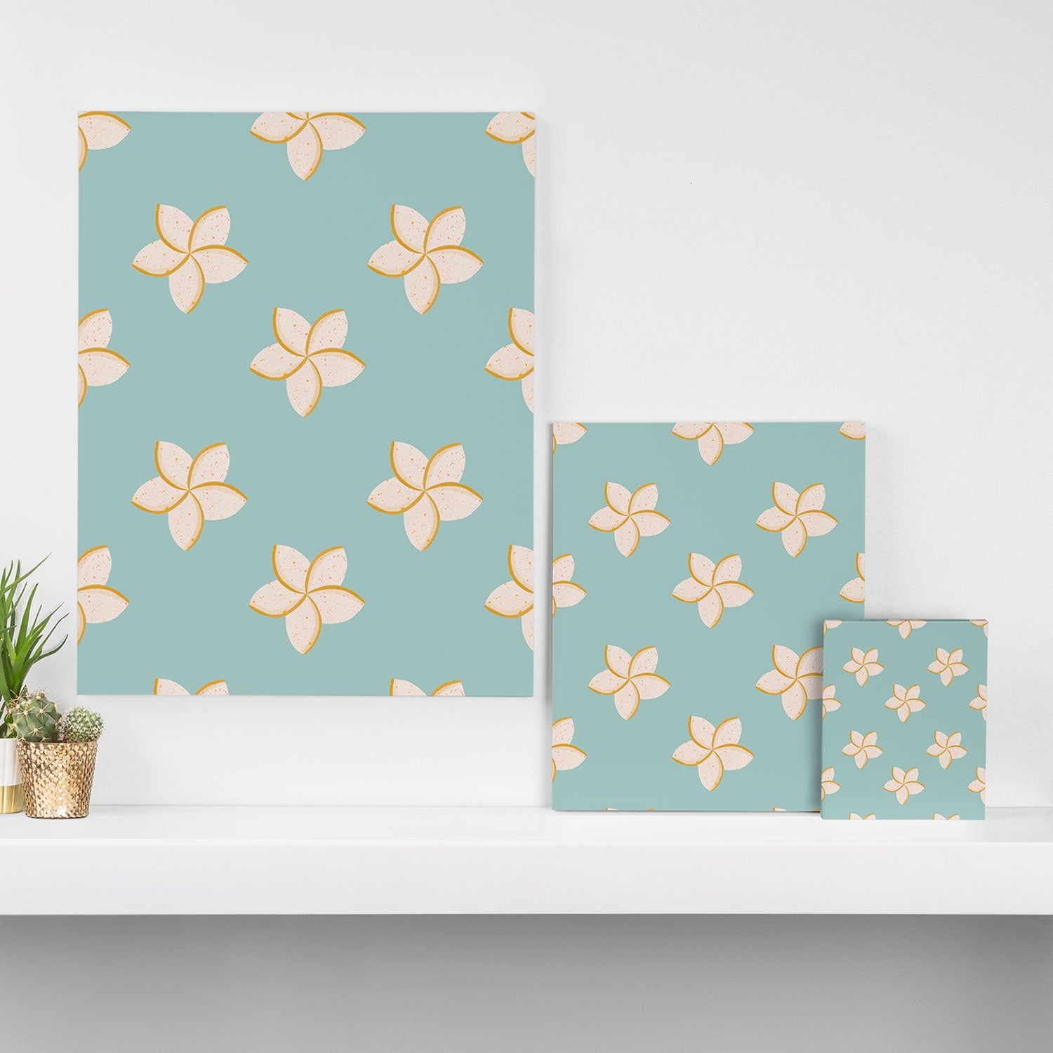 White and turquoise plumeria flowers pattern Canvas Print Gallery Image 3