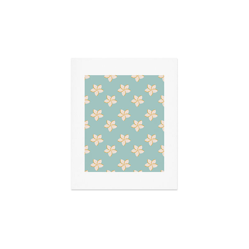 White and turquoise plumeria flowers pattern Art Print Gallery Image 1