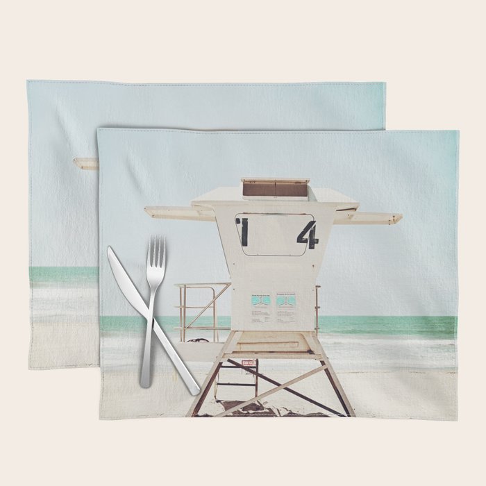 Lifeguard Stand, Beach Photography, San Diego California, Blue Aqua Seashore Ocean Summer Art Placemat Gallery Image 1