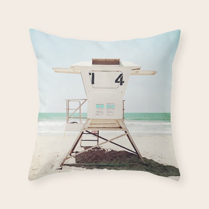 Lifeguard Stand, Beach Photography, San Diego California, Blue Aqua Seashore Ocean Summer Art Throw Pillow Gallery Image 1