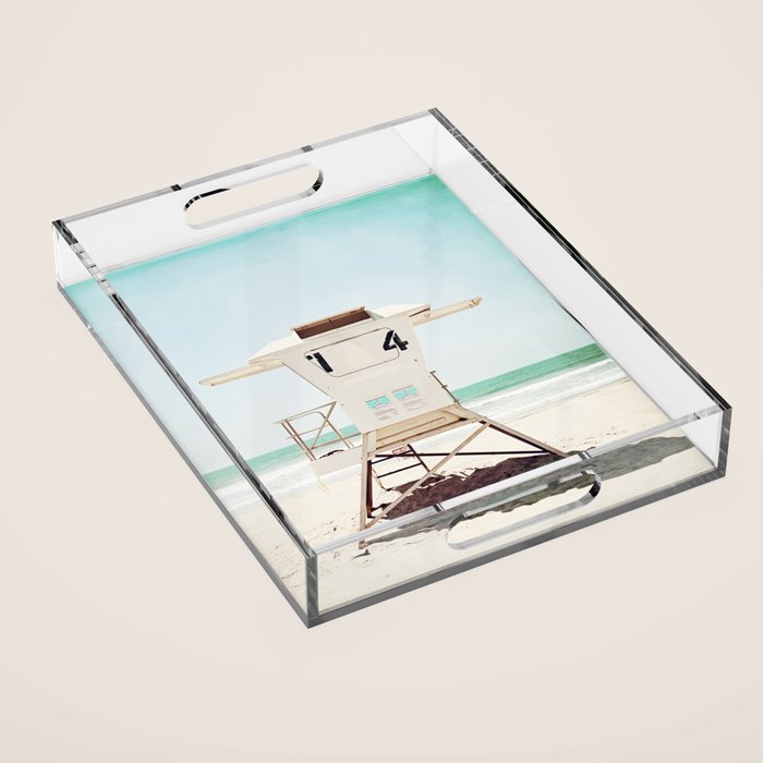 Lifeguard Stand, Beach Photography, San Diego California, Blue Aqua Seashore Ocean Summer Art Acrylic Tray Gallery Image 1