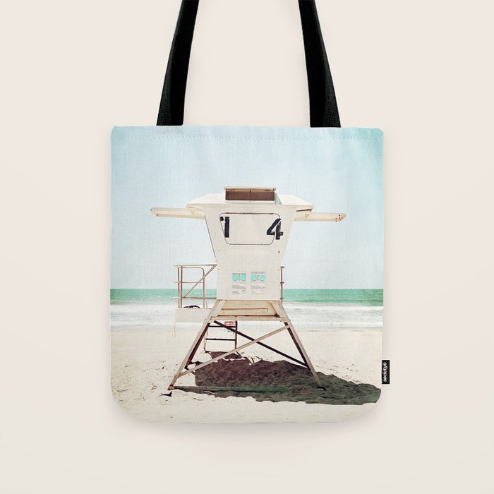 Lifeguard Stand, Beach Photography, San Diego California, Blue Aqua Seashore Ocean Summer Art Tote Bag Gallery Image 1