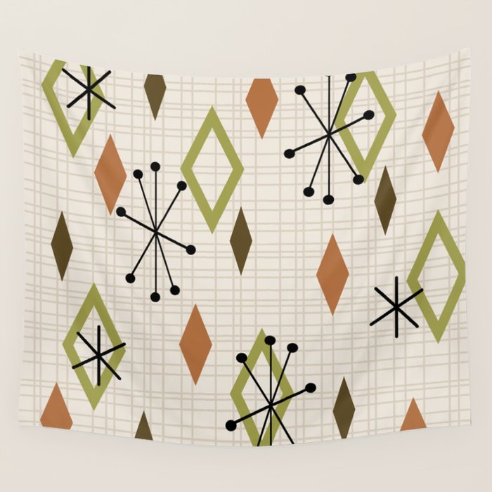 Mid Century Modern Diamonds nature Earth Tones Wall Tapestry Gallery Image 1