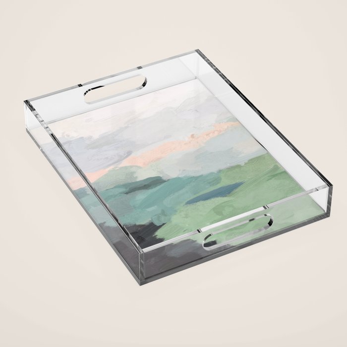 Farmland Sunset II - Seafoam Green Mint Black Blush Pink Abstract Nature Land Art Painting Acrylic Tray Gallery Image 1