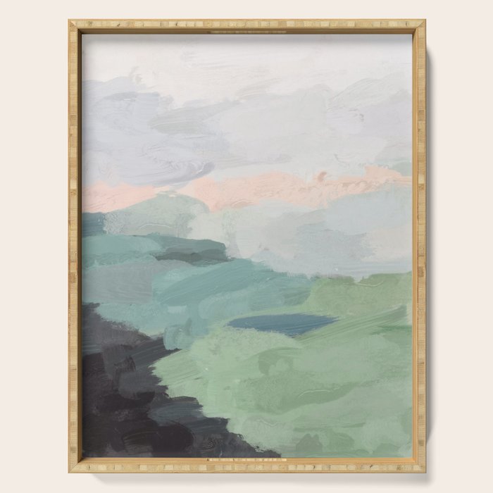 Farmland Sunset II - Seafoam Green Mint Black Blush Pink Abstract Nature Land Art Painting Serving Tray Gallery Image 1