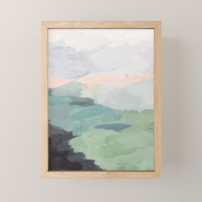 Farmland Sunset II - Seafoam Green Mint Black Blush Pink Abstract Nature Land Art Painting Mini Art Print Gallery Image 1