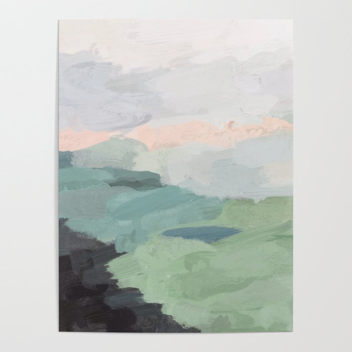 Farmland Sunset II - Seafoam Green Mint Black Blush Pink Abstract Nature Land Art Painting Poster Gallery Image 1