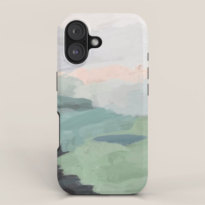 Farmland Sunset II - Seafoam Green Mint Black Blush Pink Abstract Nature Land Art Painting iPhone Case Gallery Image 1