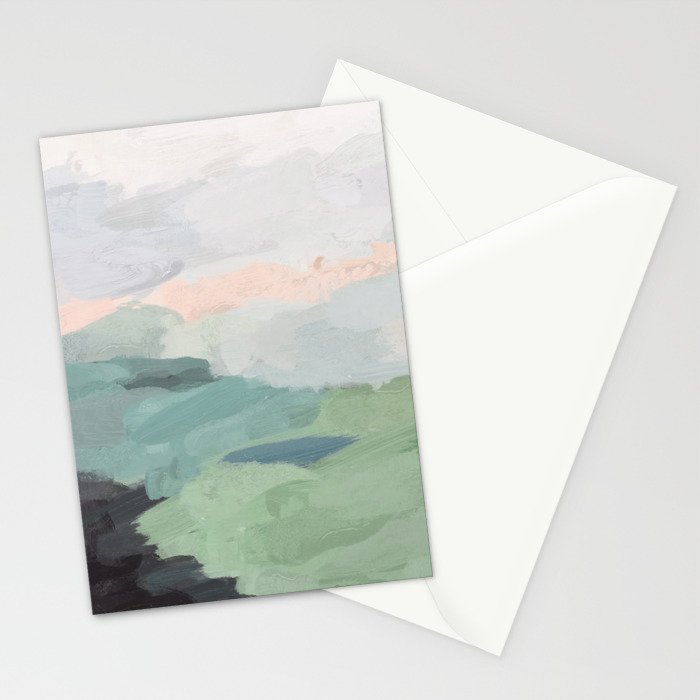 Farmland Sunset II - Seafoam Green Mint Black Blush Pink Abstract Nature Land Art Painting Stationery Card Gallery Image 2
