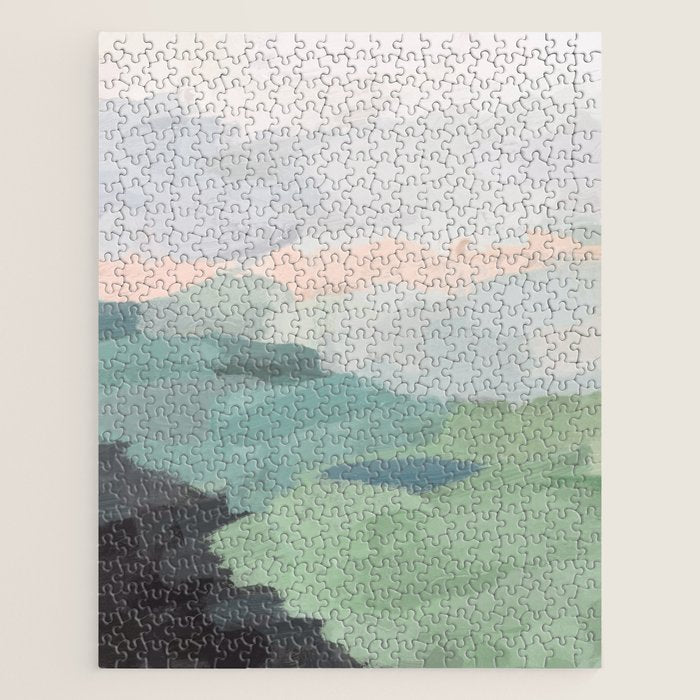 Farmland Sunset II - Seafoam Green Mint Black Blush Pink Abstract Nature Land Art Painting Jigsaw Puzzle Gallery Image 1