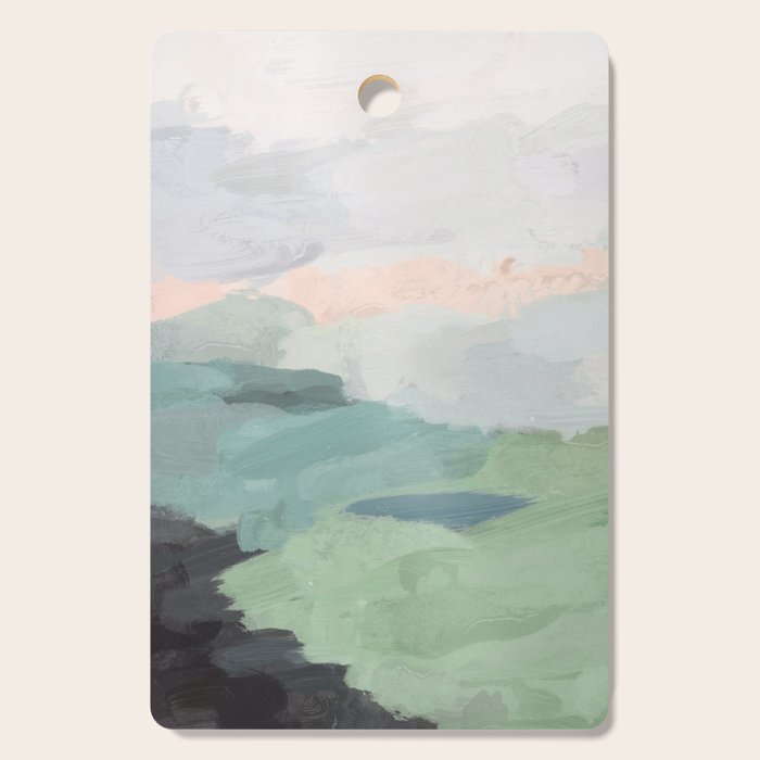 Farmland Sunset II - Seafoam Green Mint Black Blush Pink Abstract Nature Land Art Painting Cutting Board Gallery Image 1