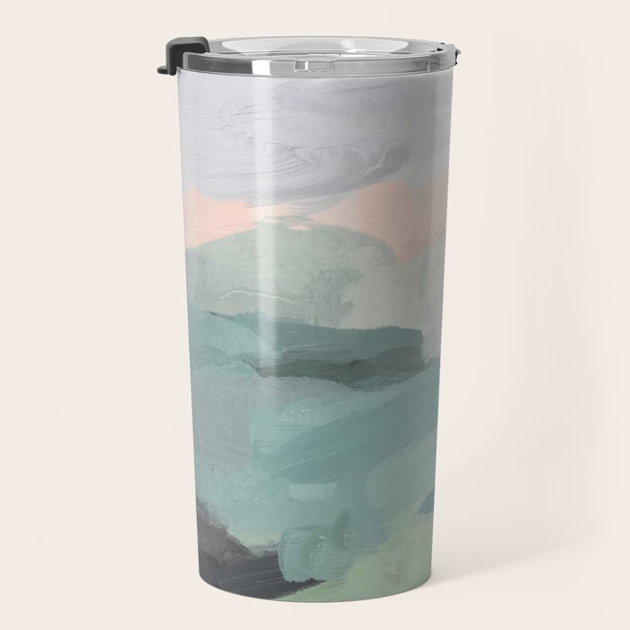 Farmland Sunset II - Seafoam Green Mint Black Blush Pink Abstract Nature Land Art Painting Travel Mug Gallery Image 3