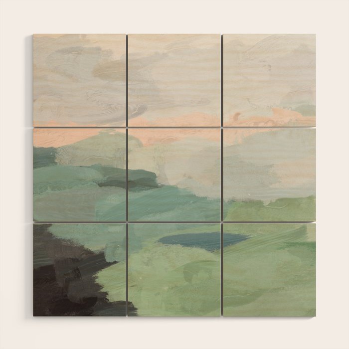 Farmland Sunset II - Seafoam Green Mint Black Blush Pink Abstract Nature Land Art Painting Wood Wall Art Gallery Image 1