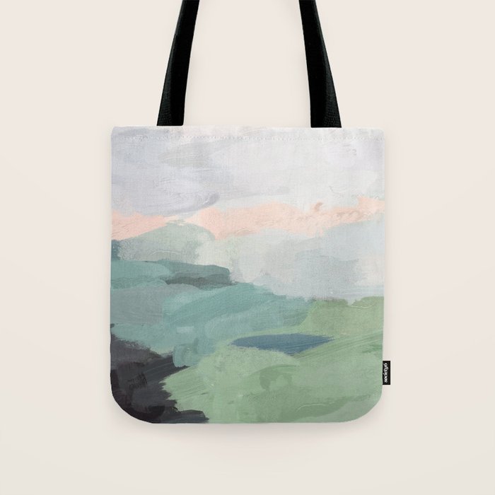 Farmland Sunset II - Seafoam Green Mint Black Blush Pink Abstract Nature Land Art Painting Tote Bag Gallery Image 1