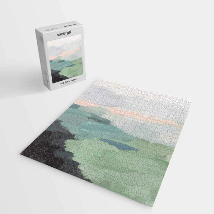 Farmland Sunset II - Seafoam Green Mint Black Blush Pink Abstract Nature Land Art Painting Jigsaw Puzzle Gallery Image 2