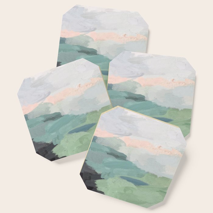 Farmland Sunset II - Seafoam Green Mint Black Blush Pink Abstract Nature Land Art Painting Coaster Gallery Image 1