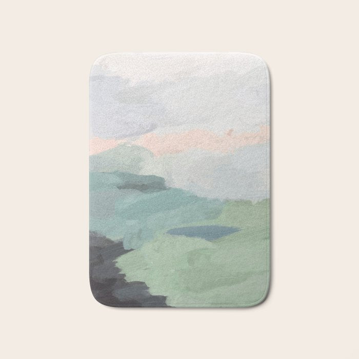 Farmland Sunset II - Seafoam Green Mint Black Blush Pink Abstract Nature Land Art Painting Bath Mat Gallery Image 1