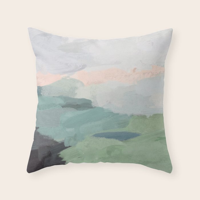 Farmland Sunset II - Seafoam Green Mint Black Blush Pink Abstract Nature Land Art Painting Throw Pillow Gallery Image 1