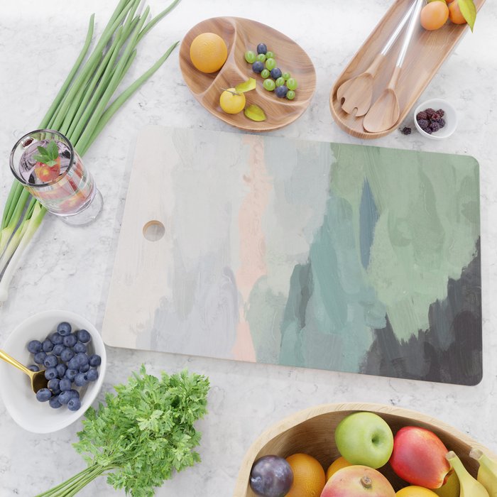 Farmland Sunset II - Seafoam Green Mint Black Blush Pink Abstract Nature Land Art Painting Cutting Board Gallery Image 2