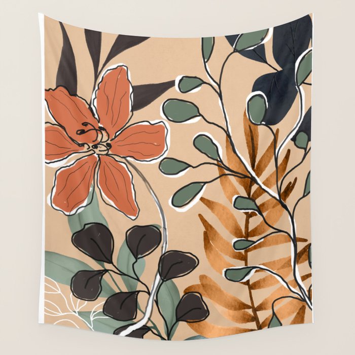 Elegant Botanical Line Art 1 Wall Tapestry Gallery Image 1