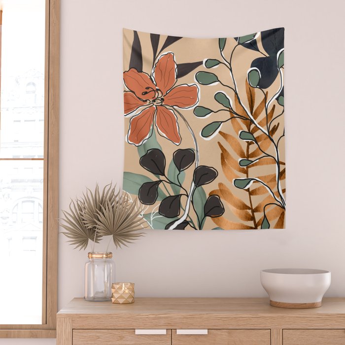 Elegant Botanical Line Art 1 Wall Tapestry Gallery Image 2