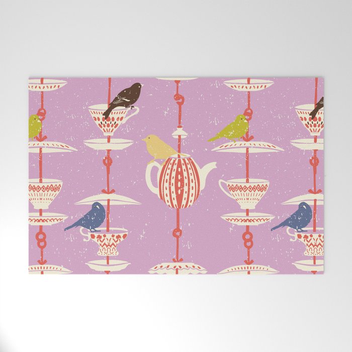 Garden Bird feeding happy pink Welcome Mat Gallery Image 1