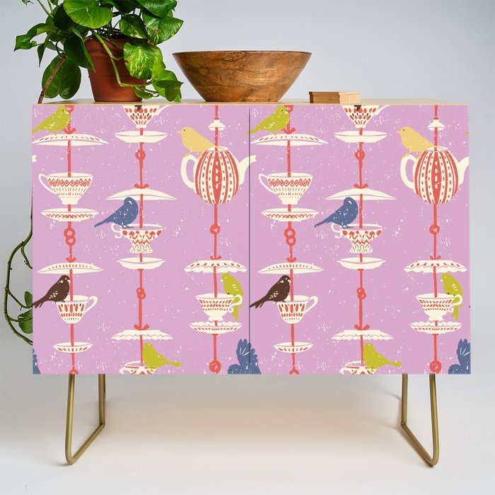 Garden Bird feeding happy pink Credenza Gallery Image 1
