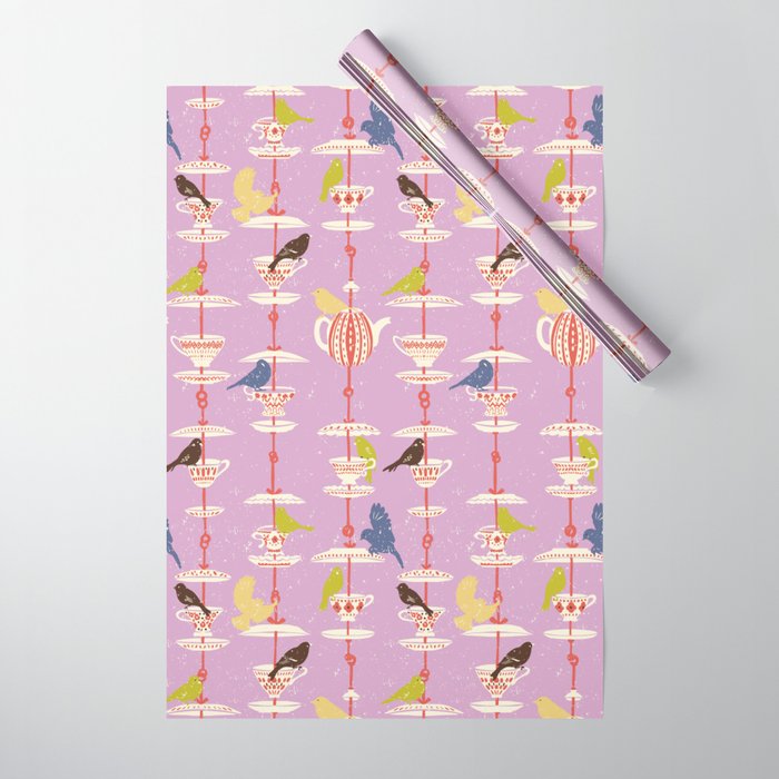 Garden Bird feeding happy pink Wrapping Paper Gallery Image 1