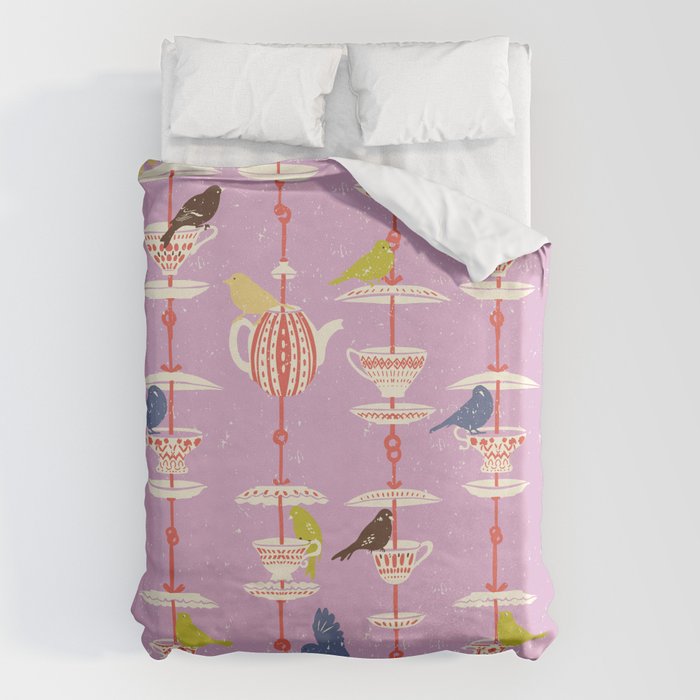 Garden Bird feeding happy pink Duvet Cover Gallery Image 6