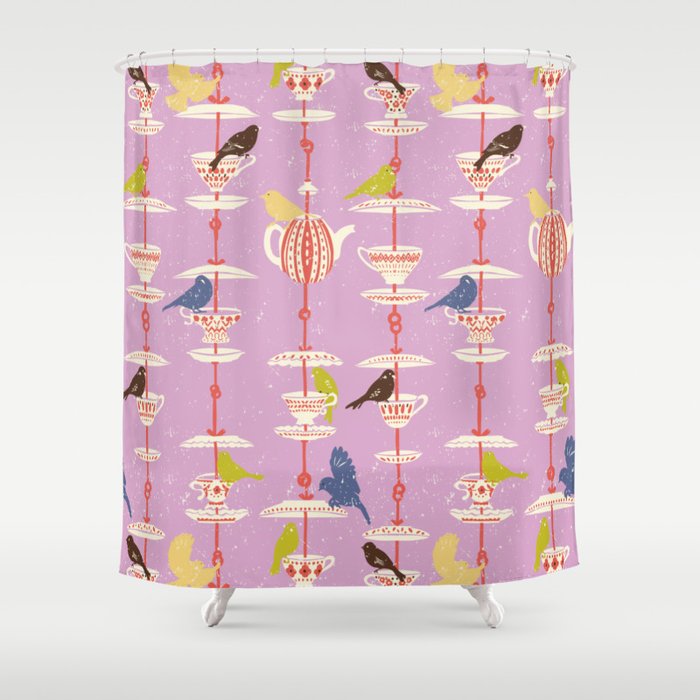 Garden Bird feeding happy pink Shower Curtain Gallery Image 1