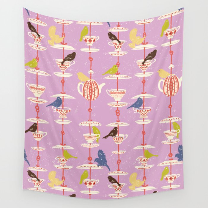 Garden Bird feeding happy pink Wall Tapestry Gallery Image 1