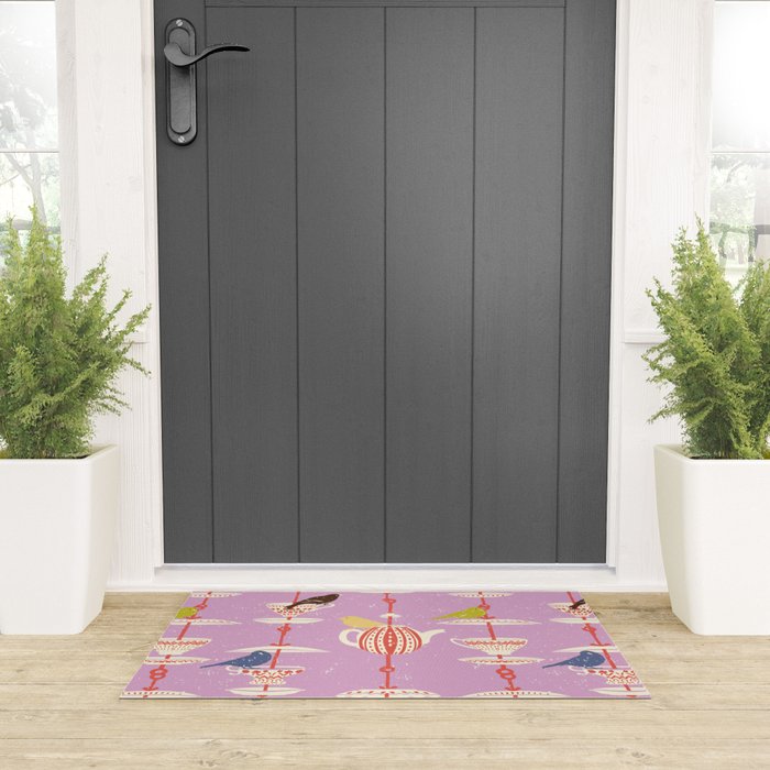 Garden Bird feeding happy pink Welcome Mat Gallery Image 3