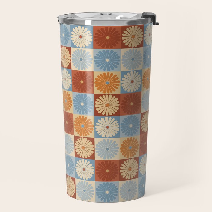 Retro Flowers Check Pattern XVIII Travel Mug Gallery Image 2